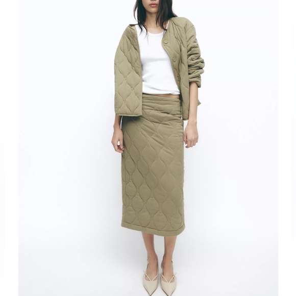 Zara 2 piece Quilted Jacket & Midi Skirt Khaki Green NWT